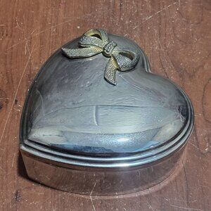 Vintage Silver Plated Heart Jewelry Trinket Box Gold Tone Ribbon Accent Fabric L